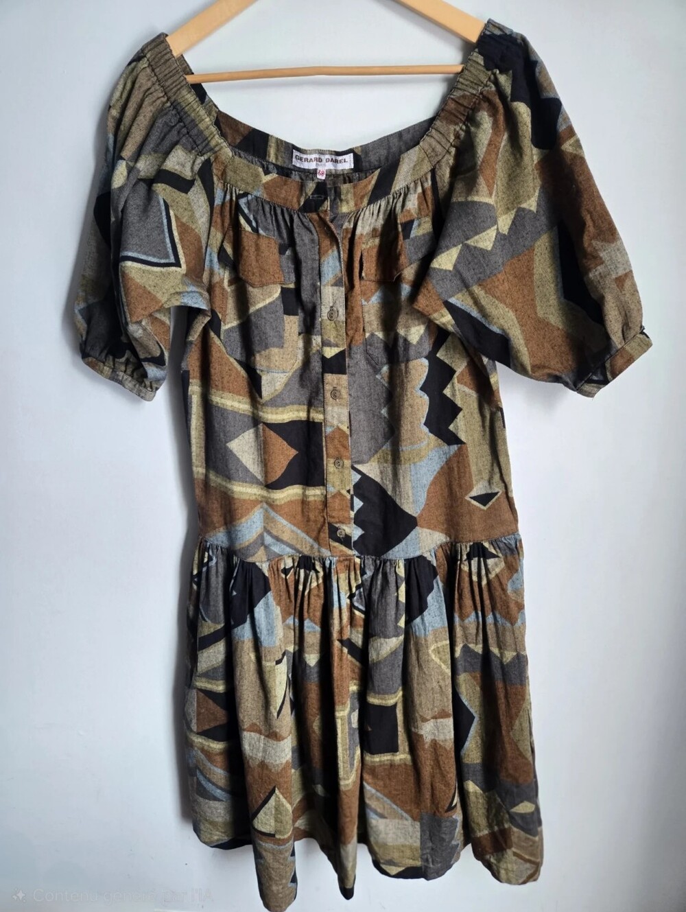 GERARD DATEL PARIS Geo Print Button-Front Peasant Dress in Brown & Olive